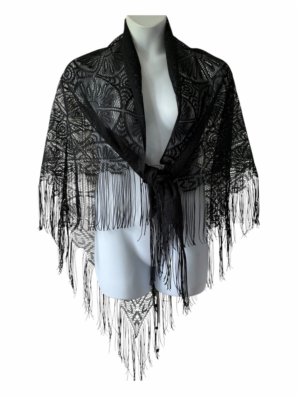 Gothic Black Y2K Fringed Lace Shawl Whimsigoth Scarf Witchy Wrap